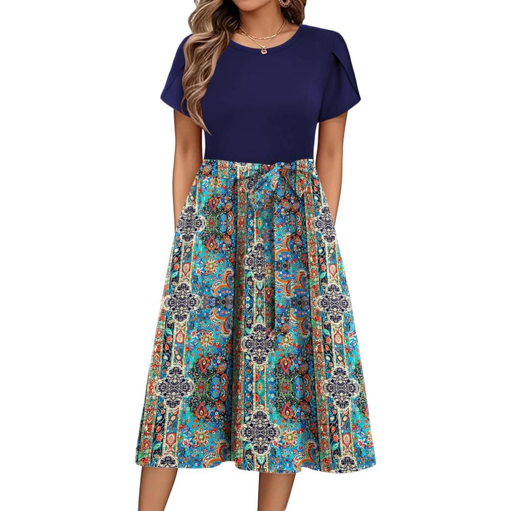 imageZeagoo Womens Midi Dress Summer Short Sleeve Dress with Pockets 2025 Casual Floral TShirt Dress Flowy Beach SundressDeepbluecolor Floral