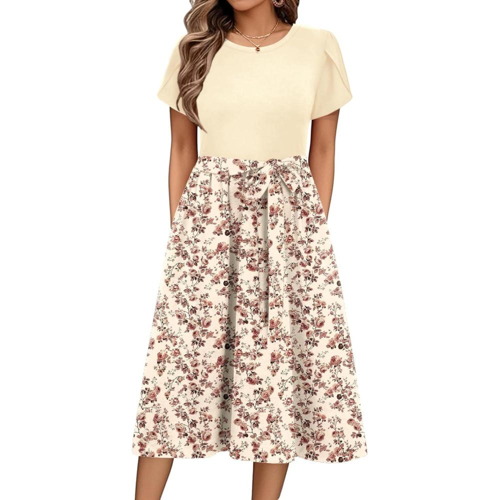 imageZeagoo Womens Midi Dress Summer Short Sleeve Dress with Pockets 2025 Casual Floral TShirt Dress Flowy Beach SundressLight Khakfloral