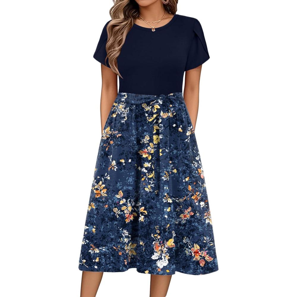 imageZeagoo Womens Midi Dress Summer Short Sleeve Dress with Pockets 2025 Casual Floral TShirt Dress Flowy Beach SundressNavybluefloral