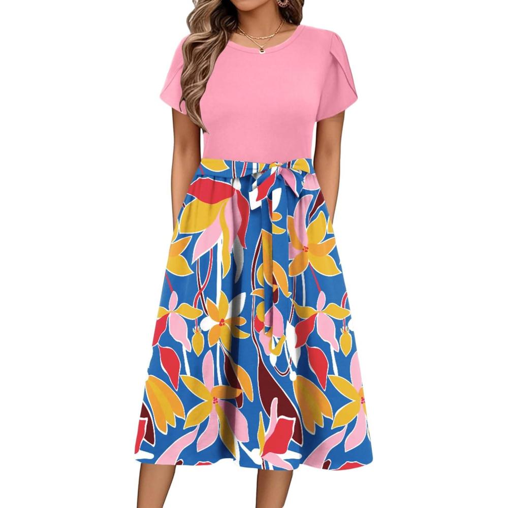 imageZeagoo Womens Midi Dress Summer Short Sleeve Dress with Pockets 2025 Casual Floral TShirt Dress Flowy Beach SundressPinkcolor Floral