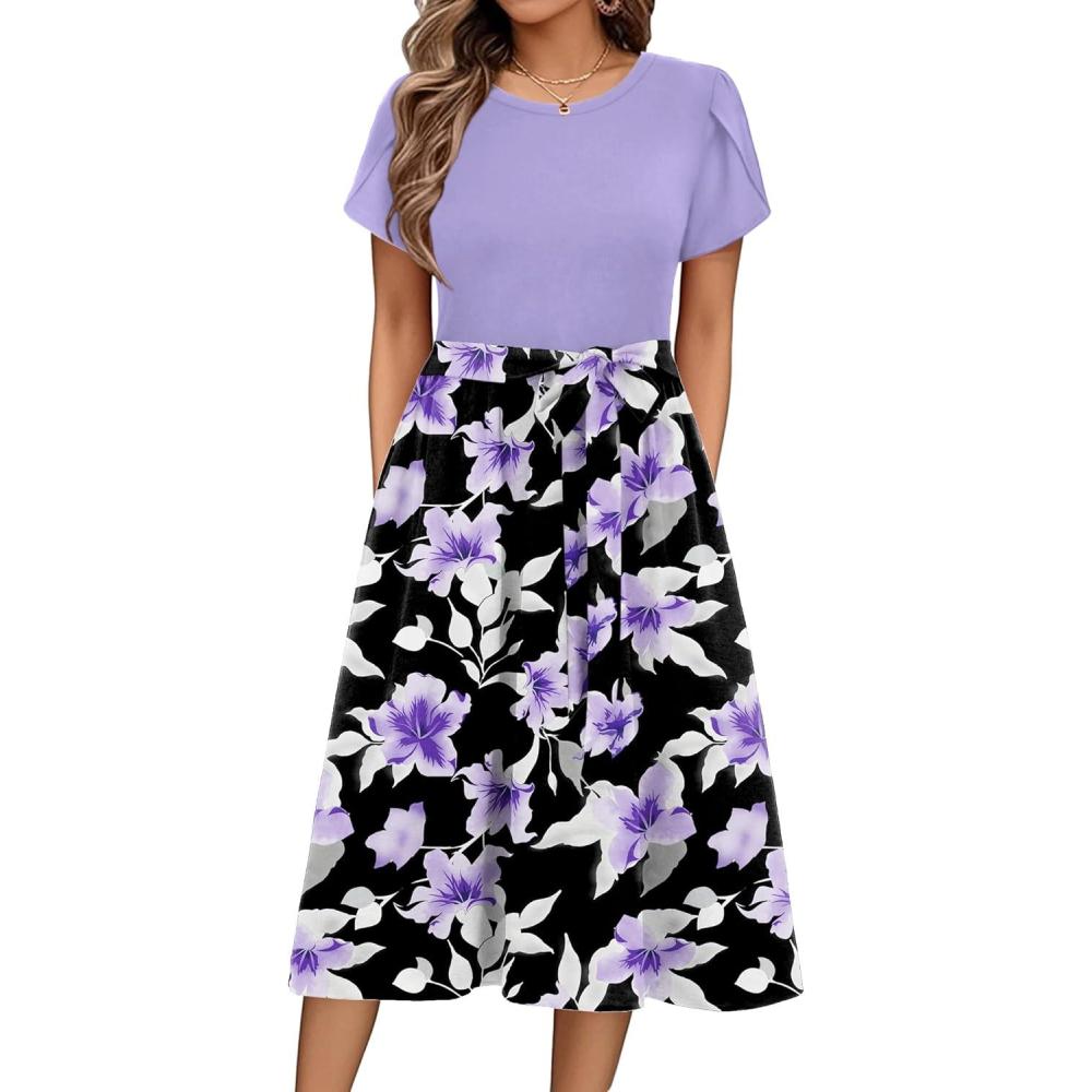 imageZeagoo Womens Midi Dress Summer Short Sleeve Dress with Pockets 2025 Casual Floral TShirt Dress Flowy Beach SundressPruplefloral