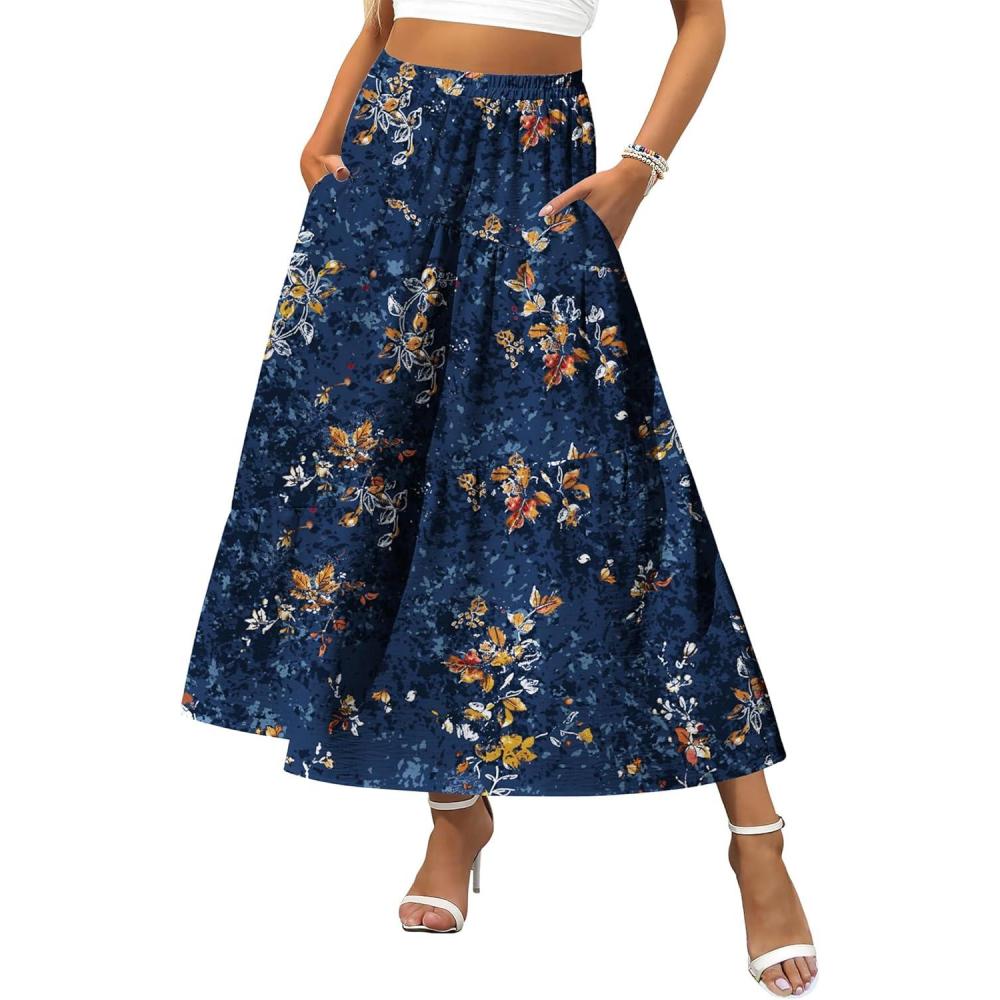 imageZeagoo Womens Midi Summer 2025 Boho Elastic High Waist ALine Flowy Swing Asymmetric Tiered Skirt Dress with Pockets01navy Blue Floral