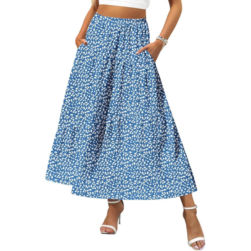imageZeagoo Womens Midi Summer 2025 Boho Elastic High Waist ALine Flowy Swing Asymmetric Tiered Skirt Dress with Pockets01royal Blue Floral