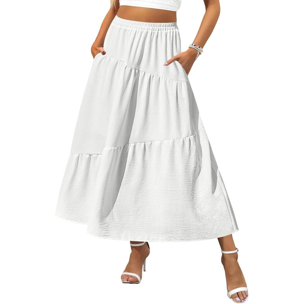 imageZeagoo Womens Midi Summer 2025 Boho Elastic High Waist ALine Flowy Swing Asymmetric Tiered Skirt Dress with Pockets01white