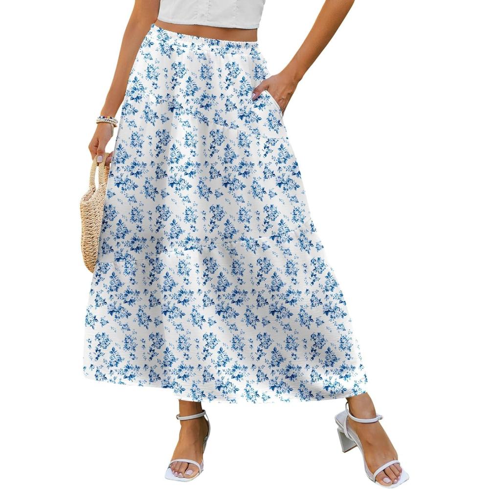 imageZeagoo Womens Midi Summer 2025 Boho Elastic High Waist ALine Flowy Swing Asymmetric Tiered Skirt Dress with PocketsLight Blue Floral