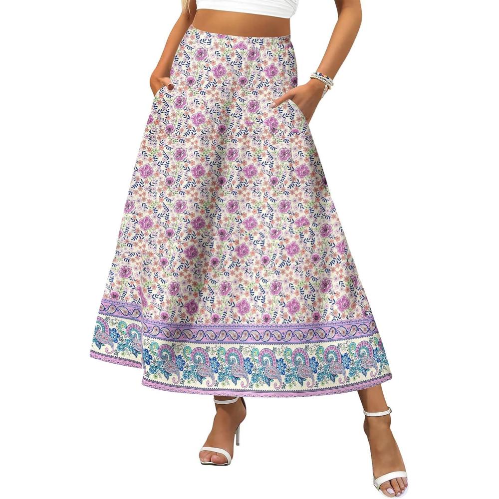 imageZeagoo Womens Midi Summer 2025 Boho Elastic High Waist ALine Flowy Swing Asymmetric Tiered Skirt Dress with PocketsPurple Floral