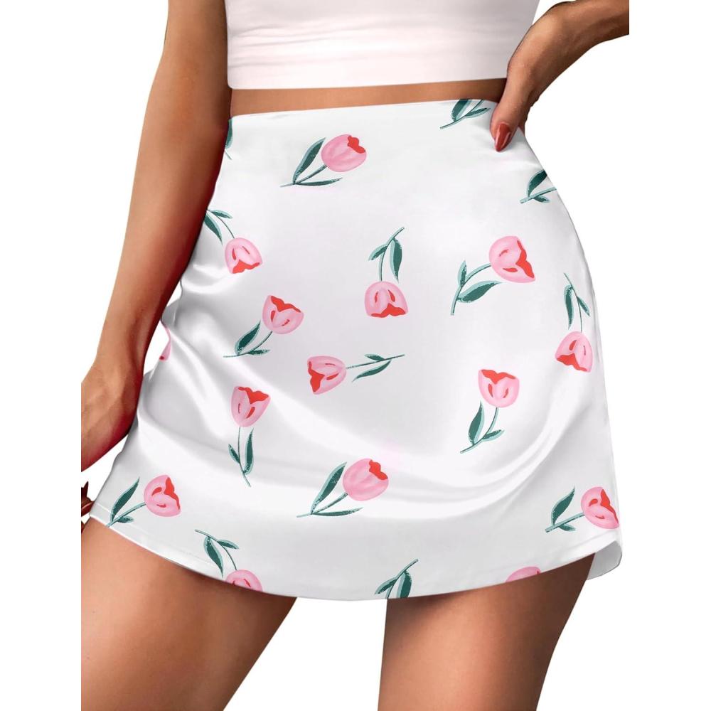 imageZeagoo Womens Mini Skirts Elastic High Waisted Skirts Stain ALine Zipper Party Club Skirt 2025Beige Floral