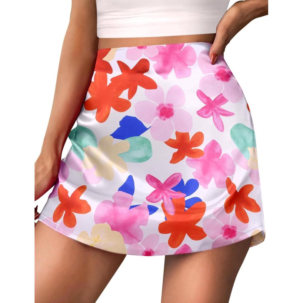 imageZeagoo Womens Mini Skirts Elastic High Waisted Skirts Stain ALine Zipper Party Club Skirt 2025Colorful Floral