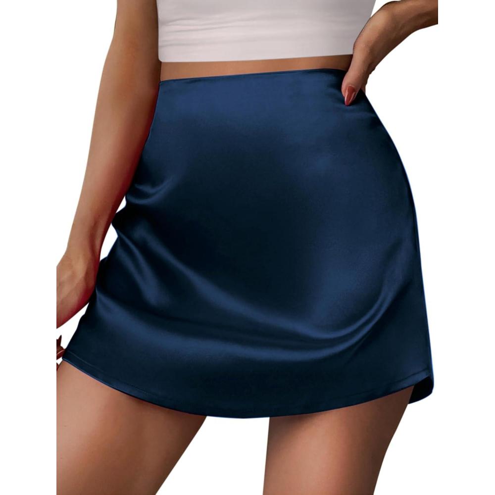 imageZeagoo Womens Mini Skirts Elastic High Waisted Skirts Stain ALine Zipper Party Club Skirt 2025Navy Blue