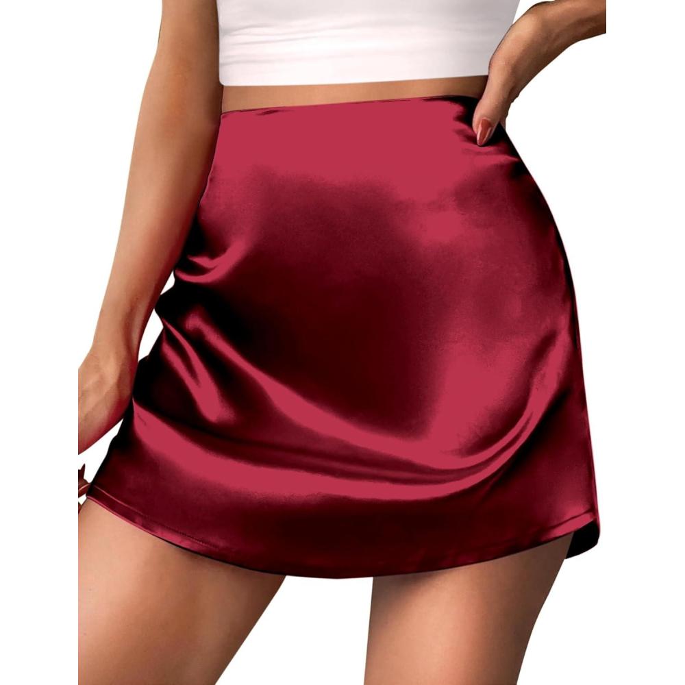 imageZeagoo Womens Mini Skirts Elastic High Waisted Skirts Stain ALine Zipper Party Club Skirt 2025Wine Red