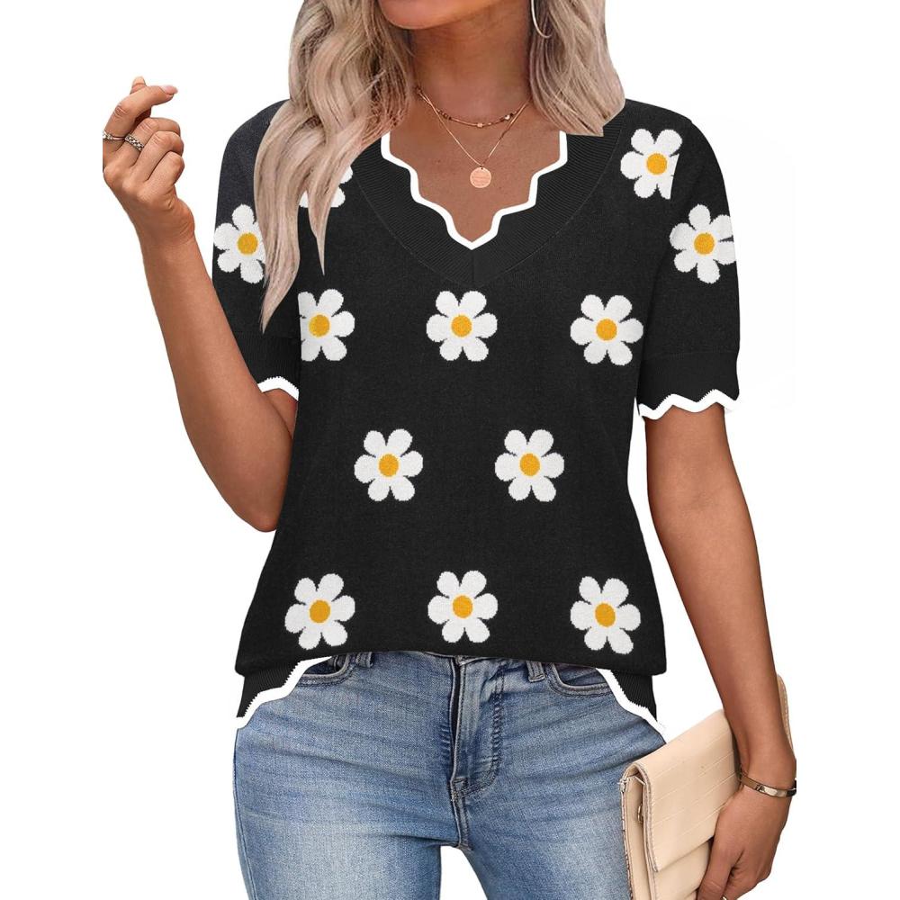 imageZeagoo Womens Short Sleeve Sweater 2026 Spring Summer V Neck Lightweight Tops Dressy Blouses Business Casual OutfitsAflower Black