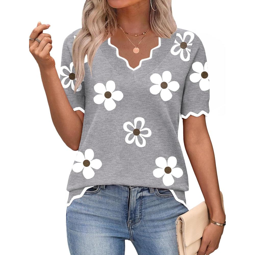 imageZeagoo Womens Short Sleeve Sweater 2026 Spring Summer V Neck Lightweight Tops Dressy Blouses Business Casual OutfitsAflower Grey