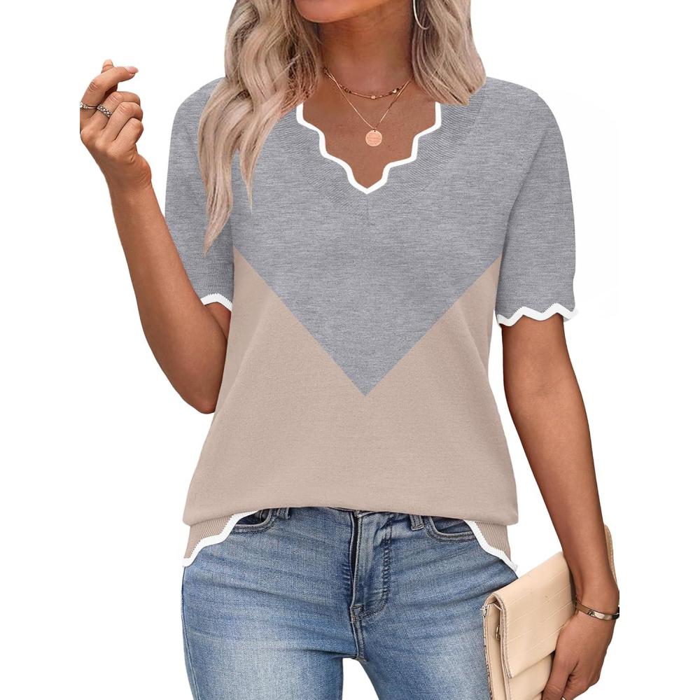 imageZeagoo Womens Short Sleeve Sweater 2026 Spring Summer V Neck Lightweight Tops Dressy Blouses Business Casual OutfitsAgreykhaki