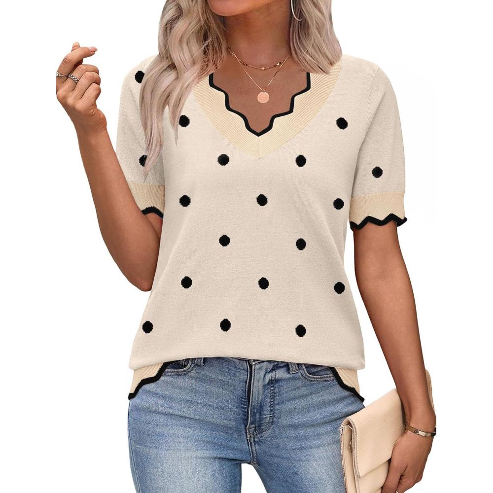 imageZeagoo Womens Short Sleeve Sweater 2026 Spring Summer V Neck Lightweight Tops Dressy Blouses Business Casual OutfitsAkhaki Polka Dot