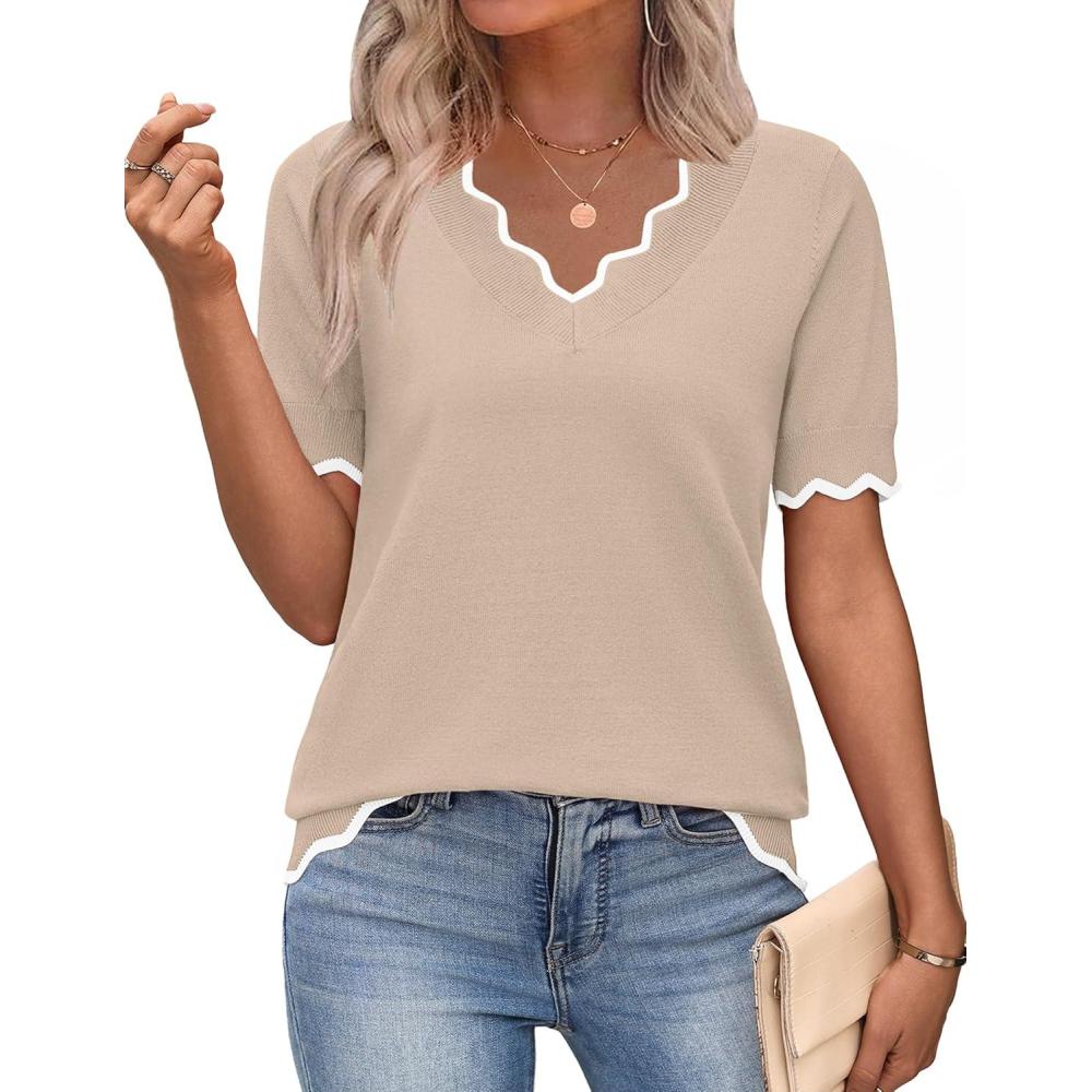 imageZeagoo Womens Short Sleeve Sweater 2026 Spring Summer V Neck Lightweight Tops Dressy Blouses Business Casual OutfitsApricot