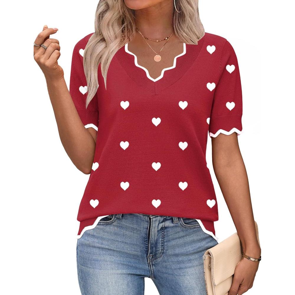 imageZeagoo Womens Short Sleeve Sweater 2026 Spring Summer V Neck Lightweight Tops Dressy Blouses Business Casual OutfitsAred White Heart
