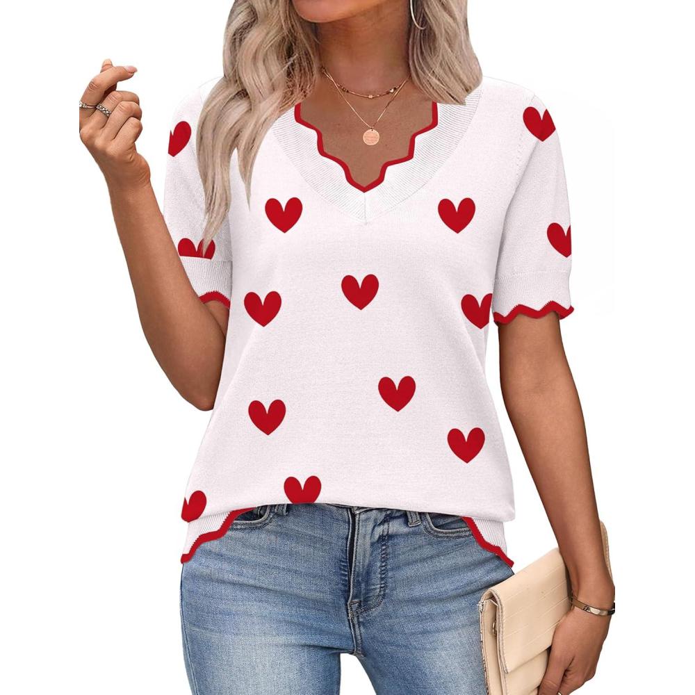imageZeagoo Womens Short Sleeve Sweater 2026 Spring Summer V Neck Lightweight Tops Dressy Blouses Business Casual OutfitsAwhite Red Heart
