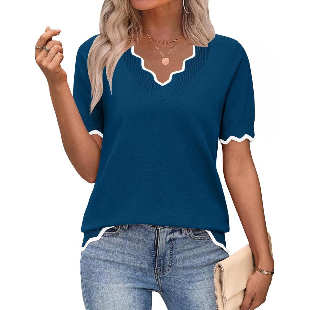 imageZeagoo Womens Short Sleeve Sweater 2026 Spring Summer V Neck Lightweight Tops Dressy Blouses Business Casual OutfitsDark Blue
