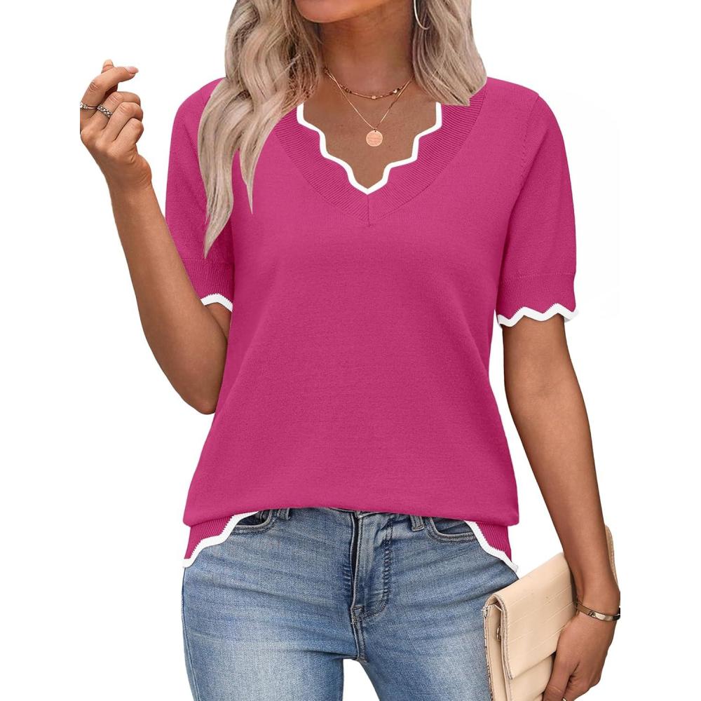 imageZeagoo Womens Short Sleeve Sweater 2026 Spring Summer V Neck Lightweight Tops Dressy Blouses Business Casual OutfitsHot Pink