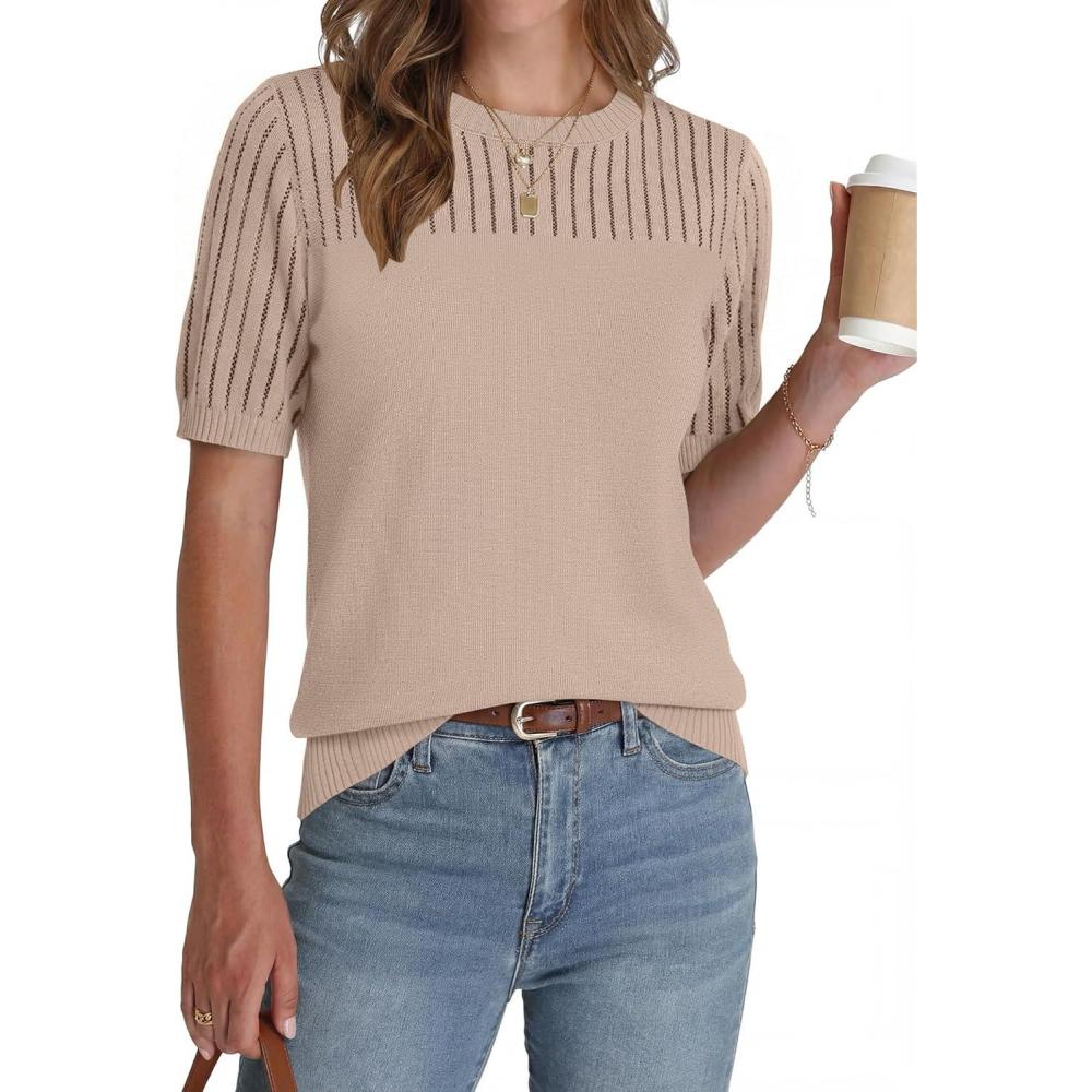 imageZeagoo Womens Short Sleeve Sweater Tops 2026 Spring Summer Crew Neck Hollow Out Blouses Dressy Business Casual OutfitsBeige