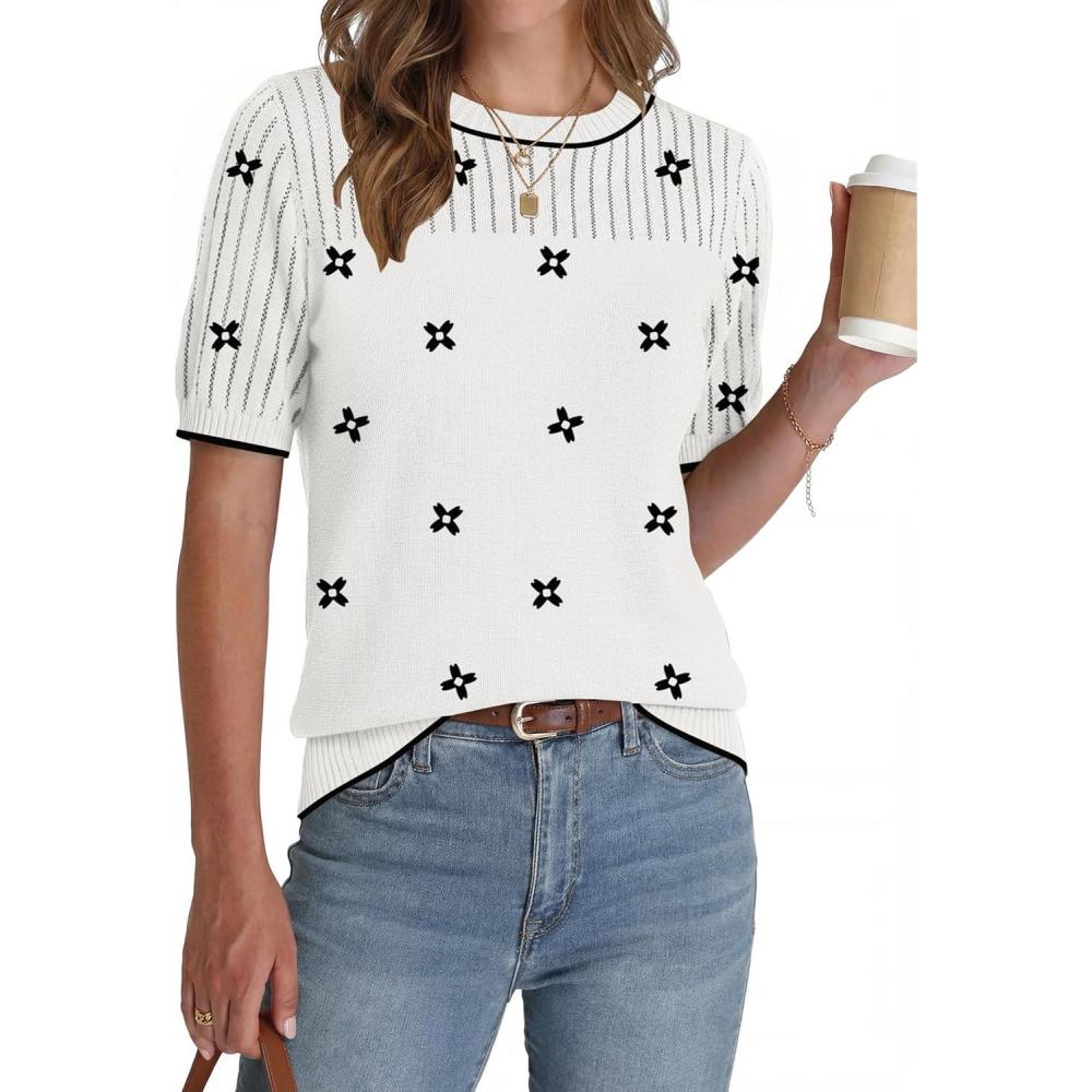 imageZeagoo Womens Short Sleeve Sweater Tops 2026 Spring Summer Crew Neck Hollow Out Blouses Dressy Business Casual OutfitsBlack Flower