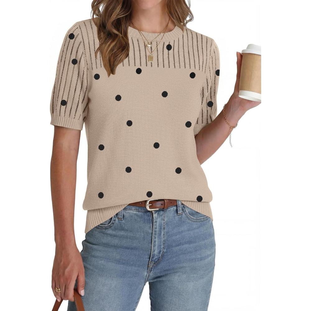 imageZeagoo Womens Short Sleeve Sweater Tops 2026 Spring Summer Crew Neck Hollow Out Blouses Dressy Business Casual OutfitsBlack Polka Dots