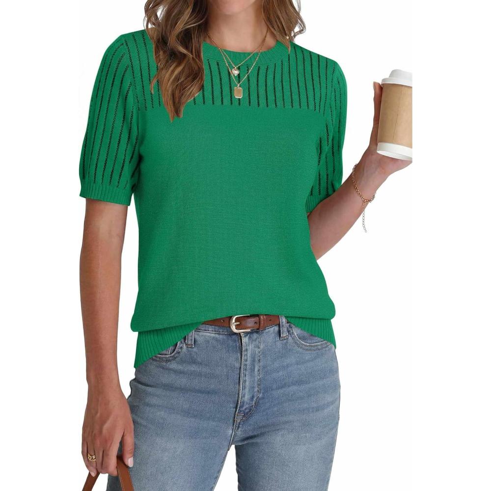 imageZeagoo Womens Short Sleeve Sweater Tops 2026 Spring Summer Crew Neck Hollow Out Blouses Dressy Business Casual OutfitsGreen