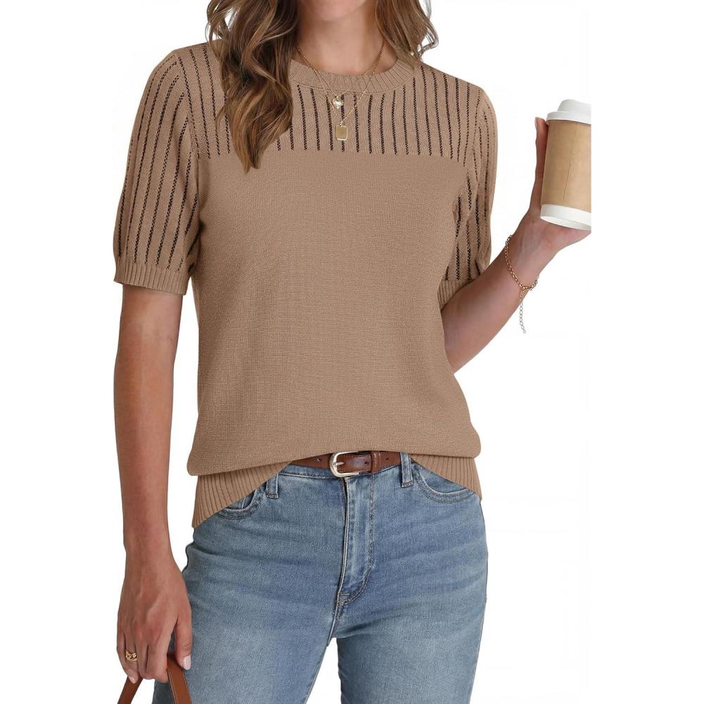 imageZeagoo Womens Short Sleeve Sweater Tops 2026 Spring Summer Crew Neck Hollow Out Blouses Dressy Business Casual OutfitsKhaki