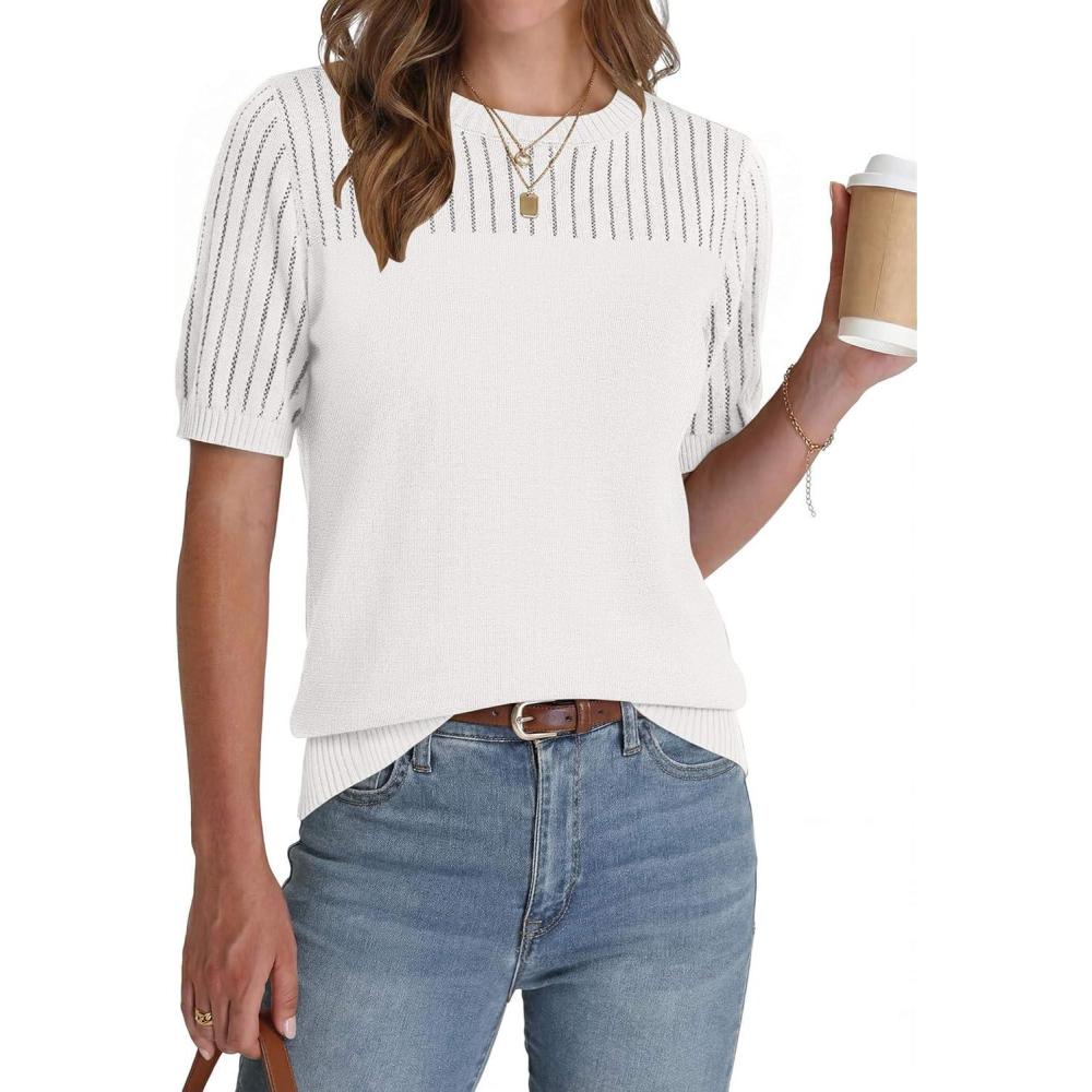 imageZeagoo Womens Short Sleeve Sweater Tops 2026 Spring Summer Crew Neck Hollow Out Blouses Dressy Business Casual OutfitsWhite