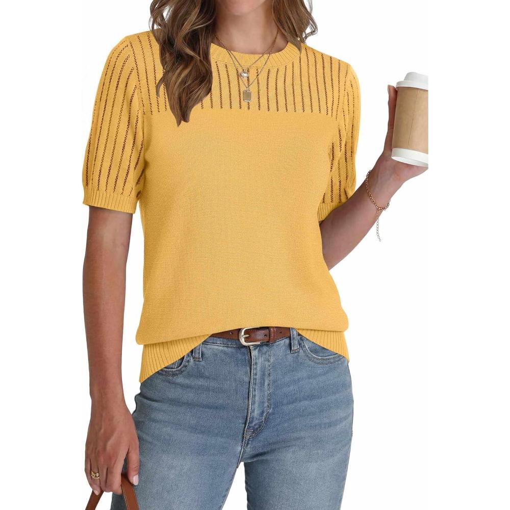 imageZeagoo Womens Short Sleeve Sweater Tops 2026 Spring Summer Crew Neck Hollow Out Blouses Dressy Business Casual OutfitsYellow