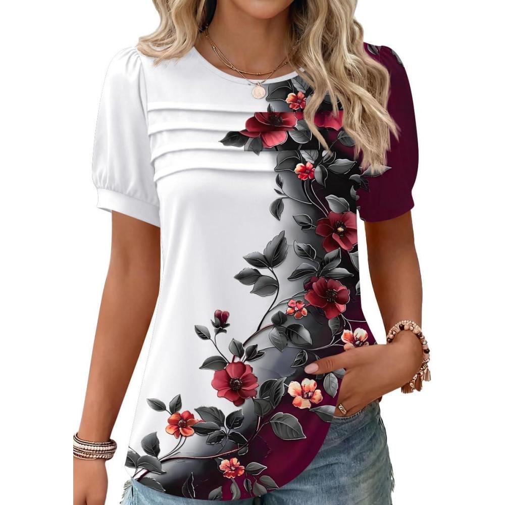 imageZeagoo Womens Short Sleeve Tops Floral Boho Shirts Pleated Crewneck Summer Outfit Puff Sleeve Blouses Casual TunicBf183