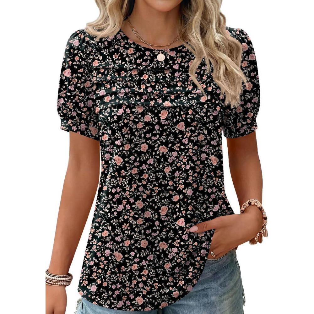 imageZeagoo Womens Short Sleeve Tops Floral Boho Shirts Pleated Crewneck Summer Outfit Puff Sleeve Blouses Casual TunicFloral Black 532