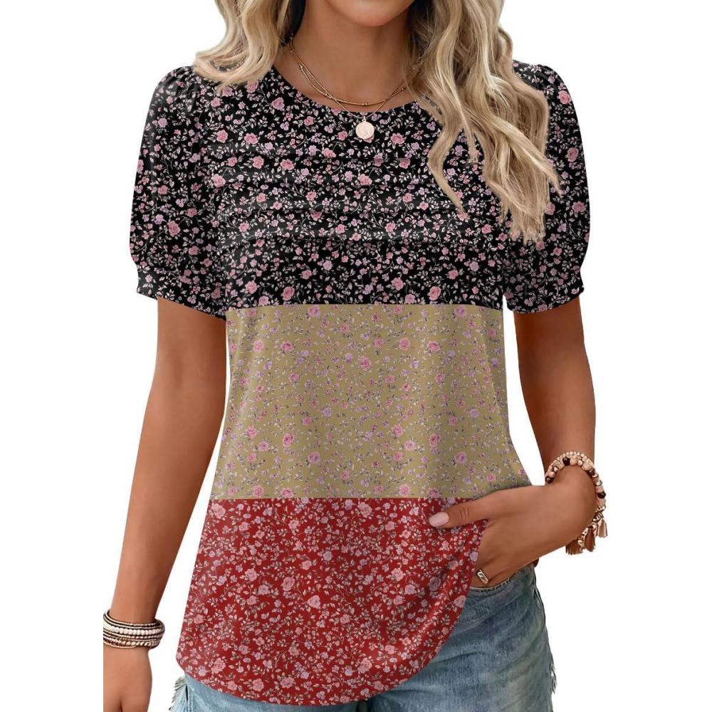 imageZeagoo Womens Short Sleeve Tops Floral Boho Shirts Pleated Crewneck Summer Outfit Puff Sleeve Blouses Casual TunicFloral Multicolor 553