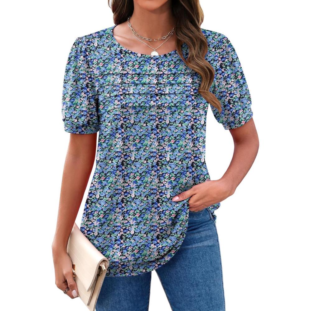 imageZeagoo Womens Short Sleeve Tops Floral Boho Shirts Pleated Crewneck Summer Outfit Puff Sleeve Blouses Casual TunicPa236