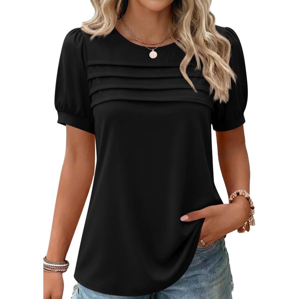 imageZeagoo Womens Short Sleeve Tops Floral Boho Shirts Pleated Crewneck Summer Outfit Puff Sleeve Blouses Casual TunicS Black