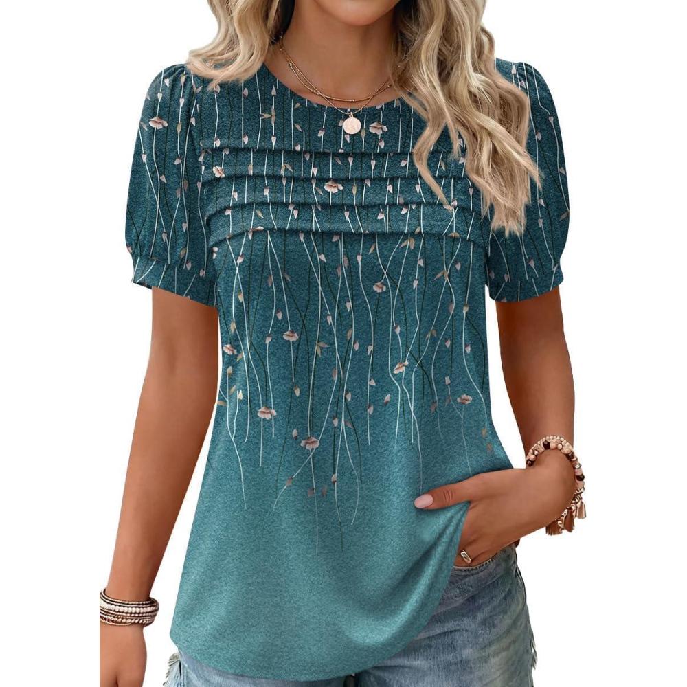 imageZeagoo Womens Short Sleeve Tops Floral Boho Shirts Pleated Crewneck Summer Outfit Puff Sleeve Blouses Casual TunicXh3636