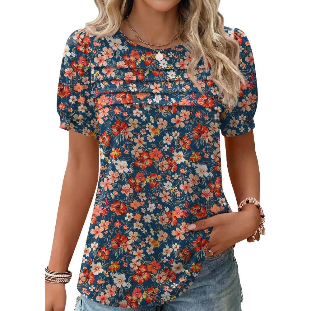 imageZeagoo Womens Short Sleeve Tops Floral Boho Shirts Pleated Crewneck Summer Outfit Puff Sleeve Blouses Casual TunicXh464