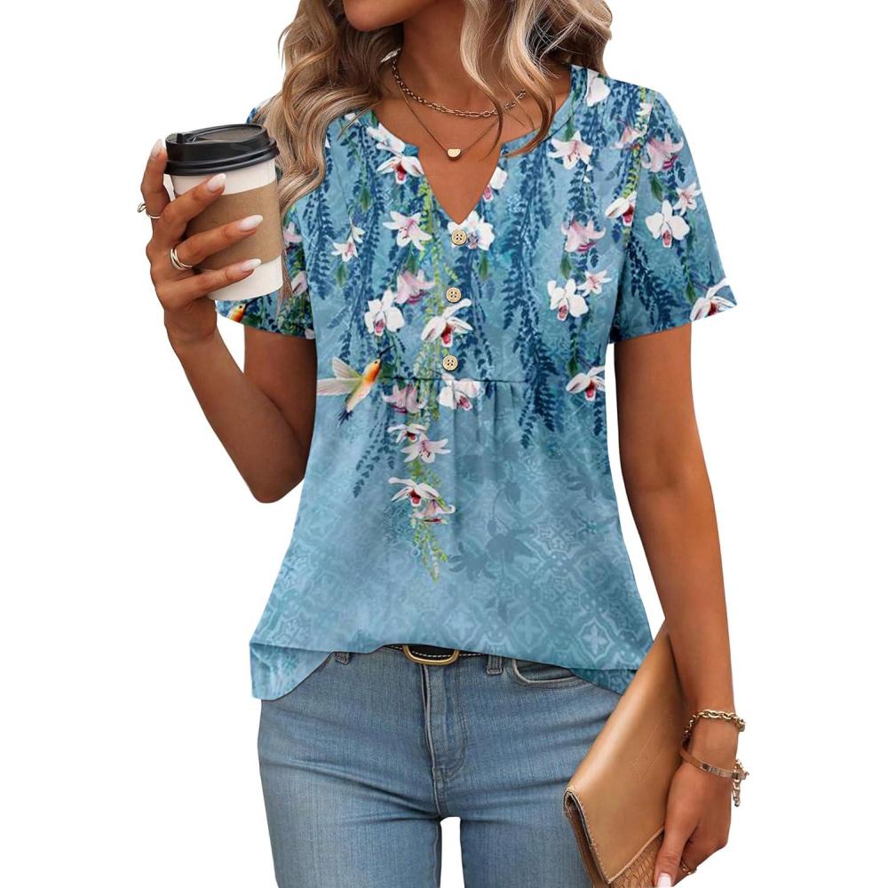 imageZeagoo Womens Short Sleeve Tops Summer Henley VNeck Tshirts Casual Pleated Blouse Dressy Loose Floral Basic TeeBlue Flowers