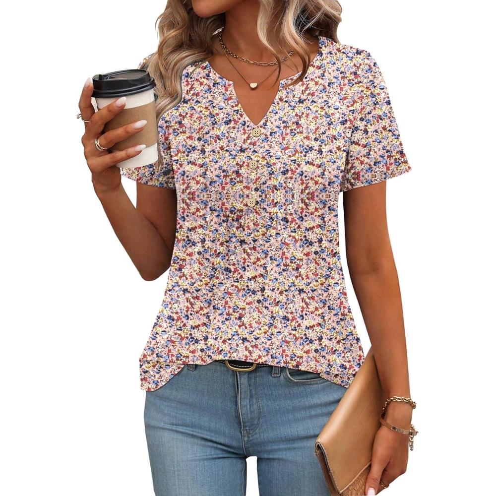 imageZeagoo Womens Short Sleeve Tops Summer Henley VNeck Tshirts Casual Pleated Blouse Dressy Loose Floral Basic TeeBlue Pink Floral