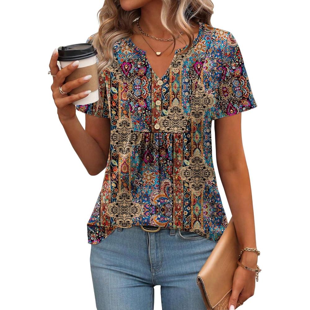 imageZeagoo Womens Short Sleeve Tops Summer Henley VNeck Tshirts Casual Pleated Blouse Dressy Loose Floral Basic TeeEthnic Floral 01