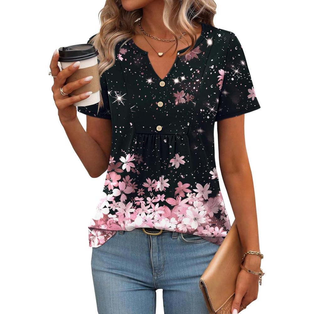 imageZeagoo Womens Short Sleeve Tops Summer Henley VNeck Tshirts Casual Pleated Blouse Dressy Loose Floral Basic TeeGradient Flowersblack and Pink