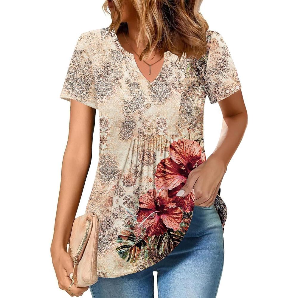 imageZeagoo Womens Short Sleeve Tops Summer Henley VNeck Tshirts Casual Pleated Blouse Dressy Loose Floral Basic TeeKhkai Floral