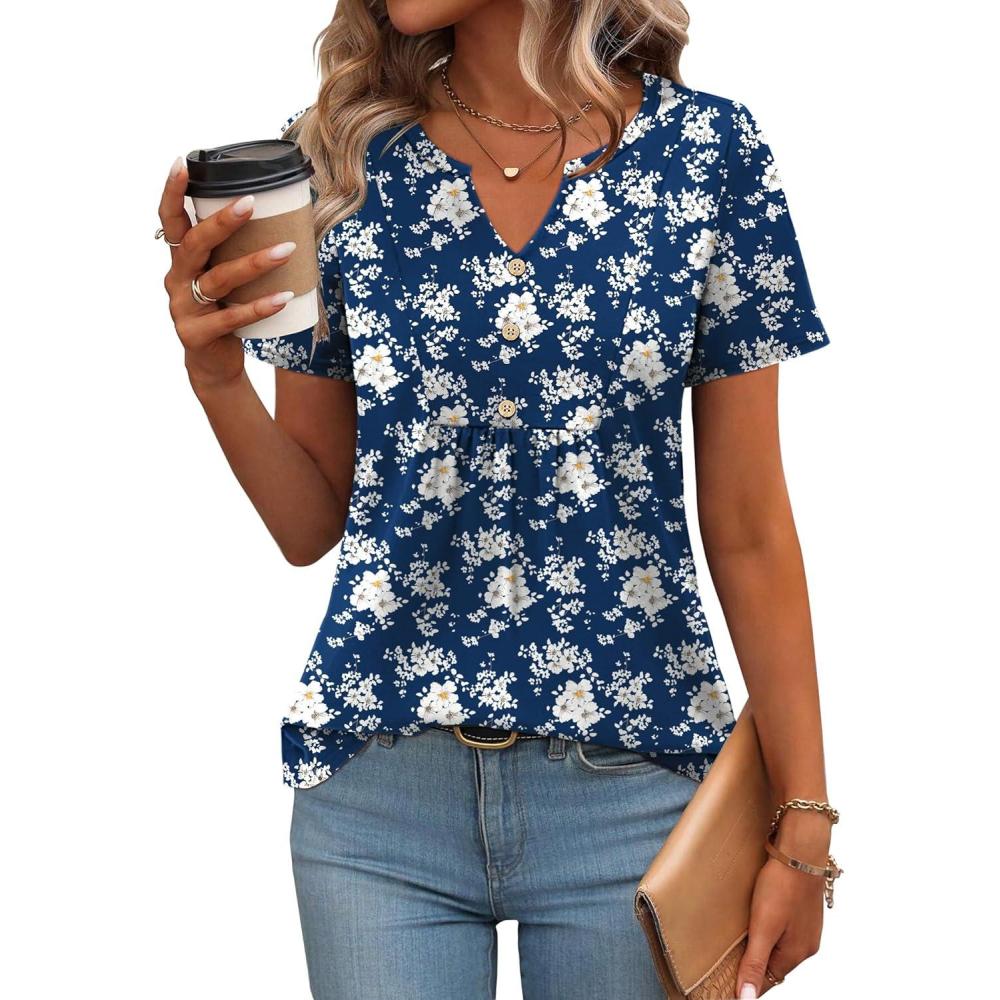 imageZeagoo Womens Short Sleeve Tops Summer Henley VNeck Tshirts Casual Pleated Blouse Dressy Loose Floral Basic TeeNavy Blue White Floral