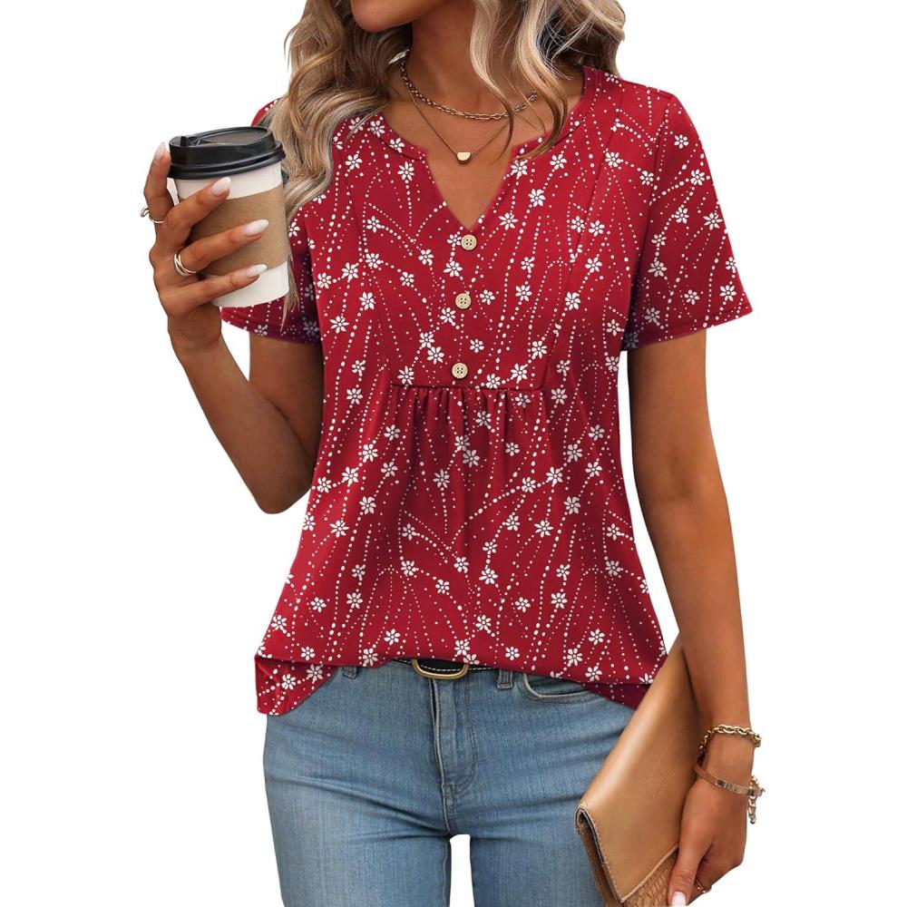 imageZeagoo Womens Short Sleeve Tops Summer Henley VNeck Tshirts Casual Pleated Blouse Dressy Loose Floral Basic TeeRed Floral