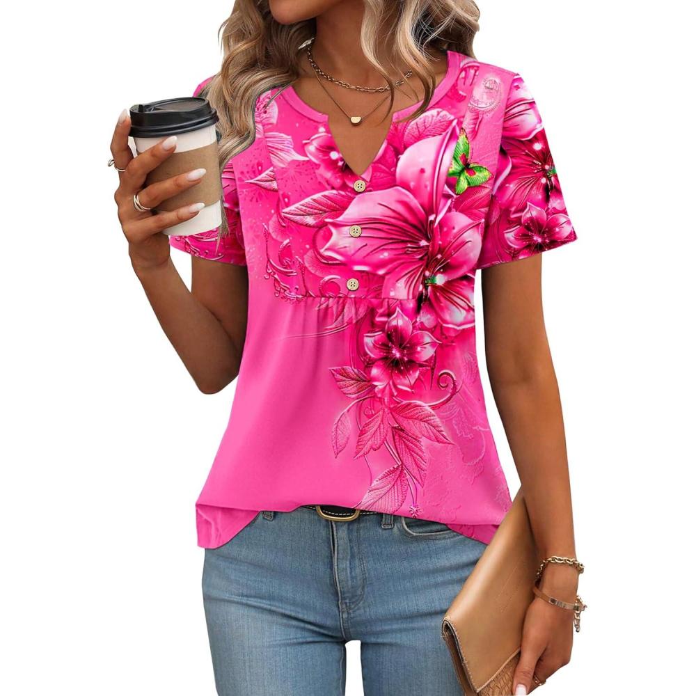 imageZeagoo Womens Short Sleeve Tops Summer Henley VNeck Tshirts Casual Pleated Blouse Dressy Loose Floral Basic TeeRose Floral