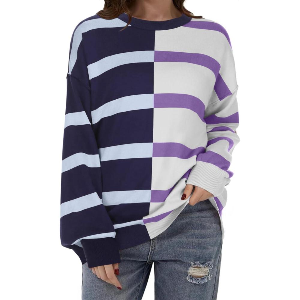 imageZeagoo Womens Striped Oversized Sweater 2025 Crew Neck Long Sleeve Knitted Color Block Casual Loose Pullover TopNavypurple Stripe