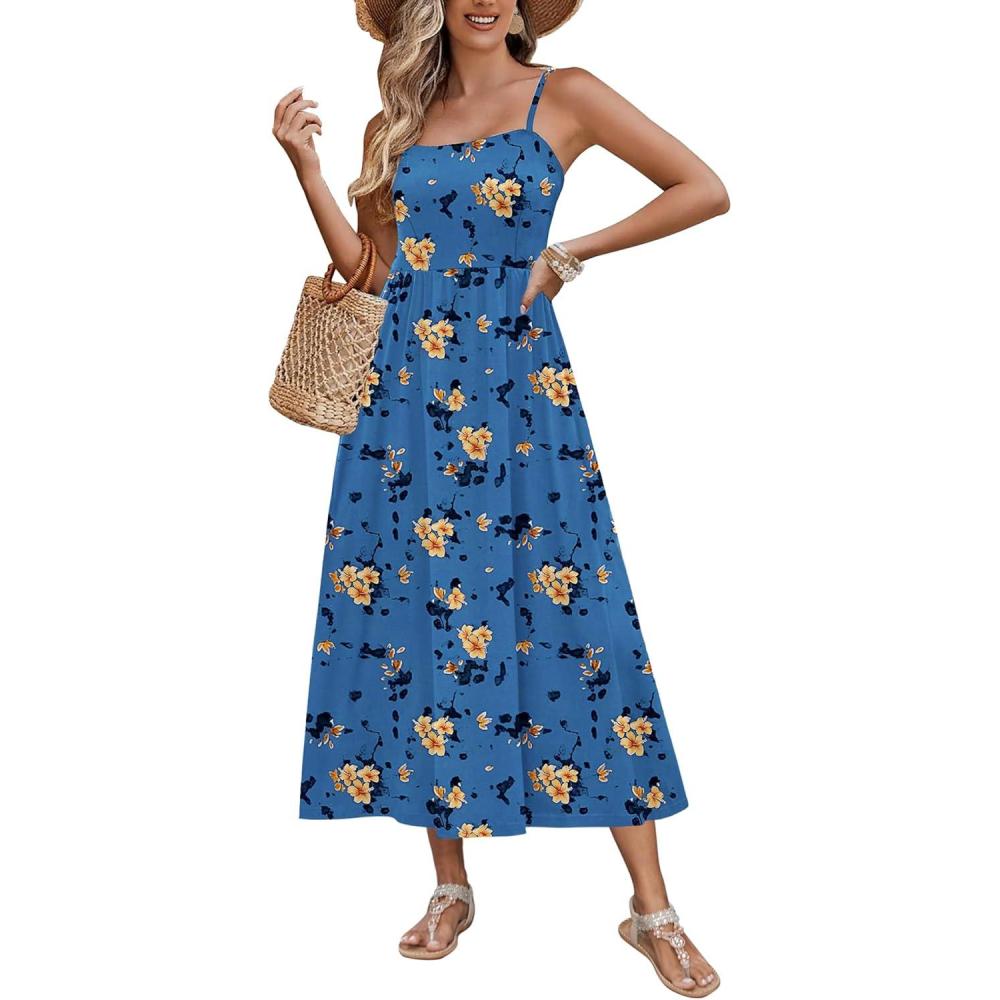 imageZeagoo Womens Summer Casual Boho Sundress Spaghetti Strap Square Neck Flowy Midi Dresses A Line Beach Dress with PocketsBf165