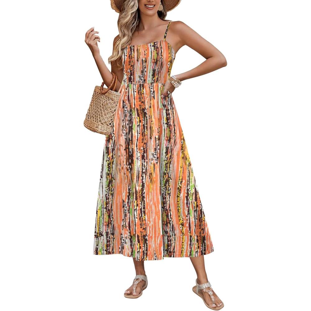 imageZeagoo Womens Summer Casual Boho Sundress Spaghetti Strap Square Neck Flowy Midi Dresses A Line Beach Dress with PocketsCx258