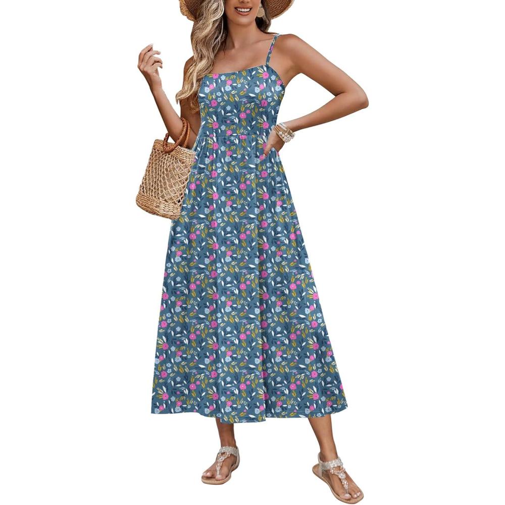 imageZeagoo Womens Summer Casual Boho Sundress Spaghetti Strap Square Neck Flowy Midi Dresses A Line Beach Dress with PocketsXh444