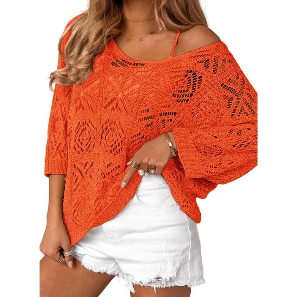 imageZeagoo Womens Summer Crochet Off The Shoulder Hollow Out Knit Tops 2025 V Neck 34 Sleeve Sweater TopOrange